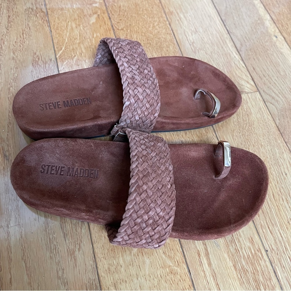 Steve Madden Somona Toe Loop Slide Sandals, Brown Woven Suede, Size 7, Womens - Picture 11 of 12